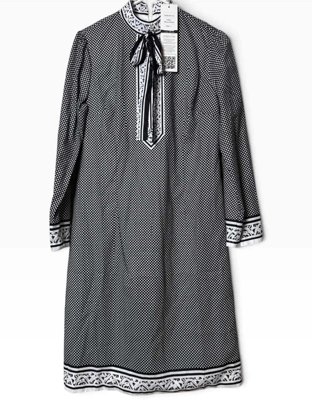 Dalia Macphee Black & White Long-Sleeve Patterned Shift Dress with Tie Neck Sz L